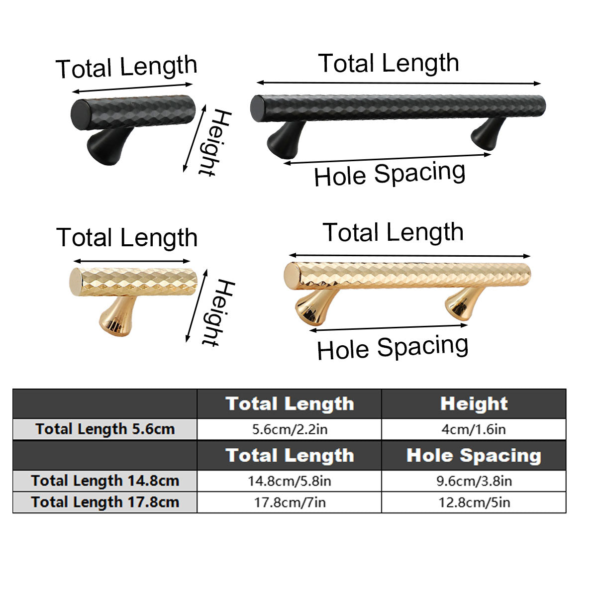 Knurled Metal Cabinet Handle in Black or Gold