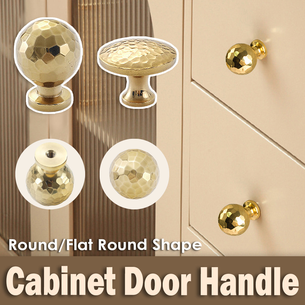 Solid Brass Hammered Cabinet Knob with Polished Finish
