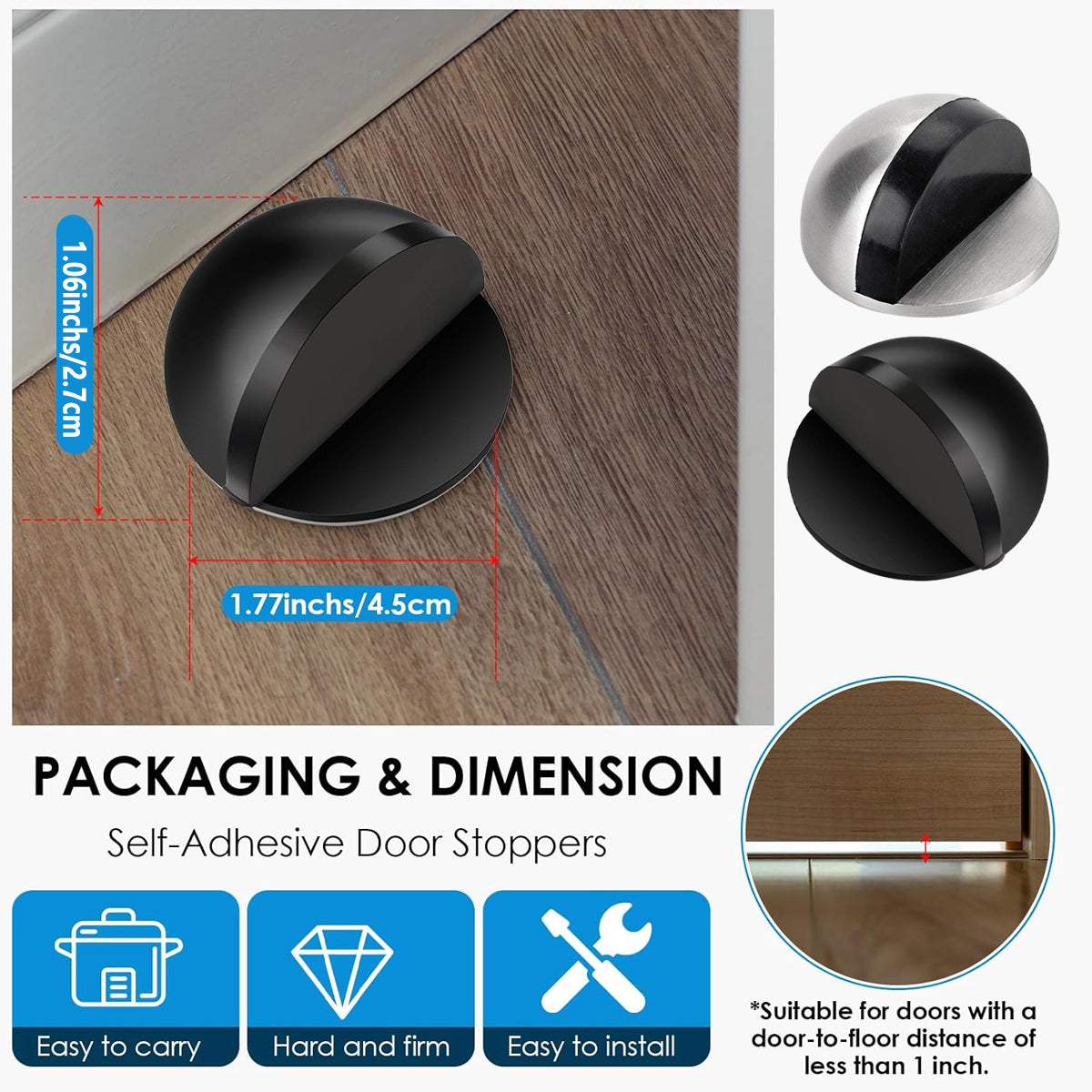 45mm Round Floor-Mount Door Stop with Rubber Bumper