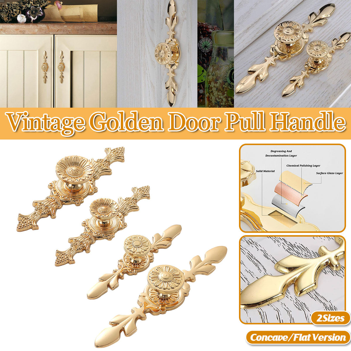 Gold Finish Copper Cabinet Handle with Carved Design