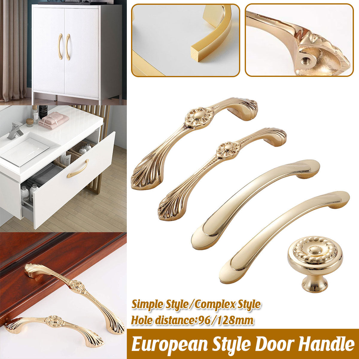 2 Hole Distances Pure Copper Cabinet Door Handle Gold Tone