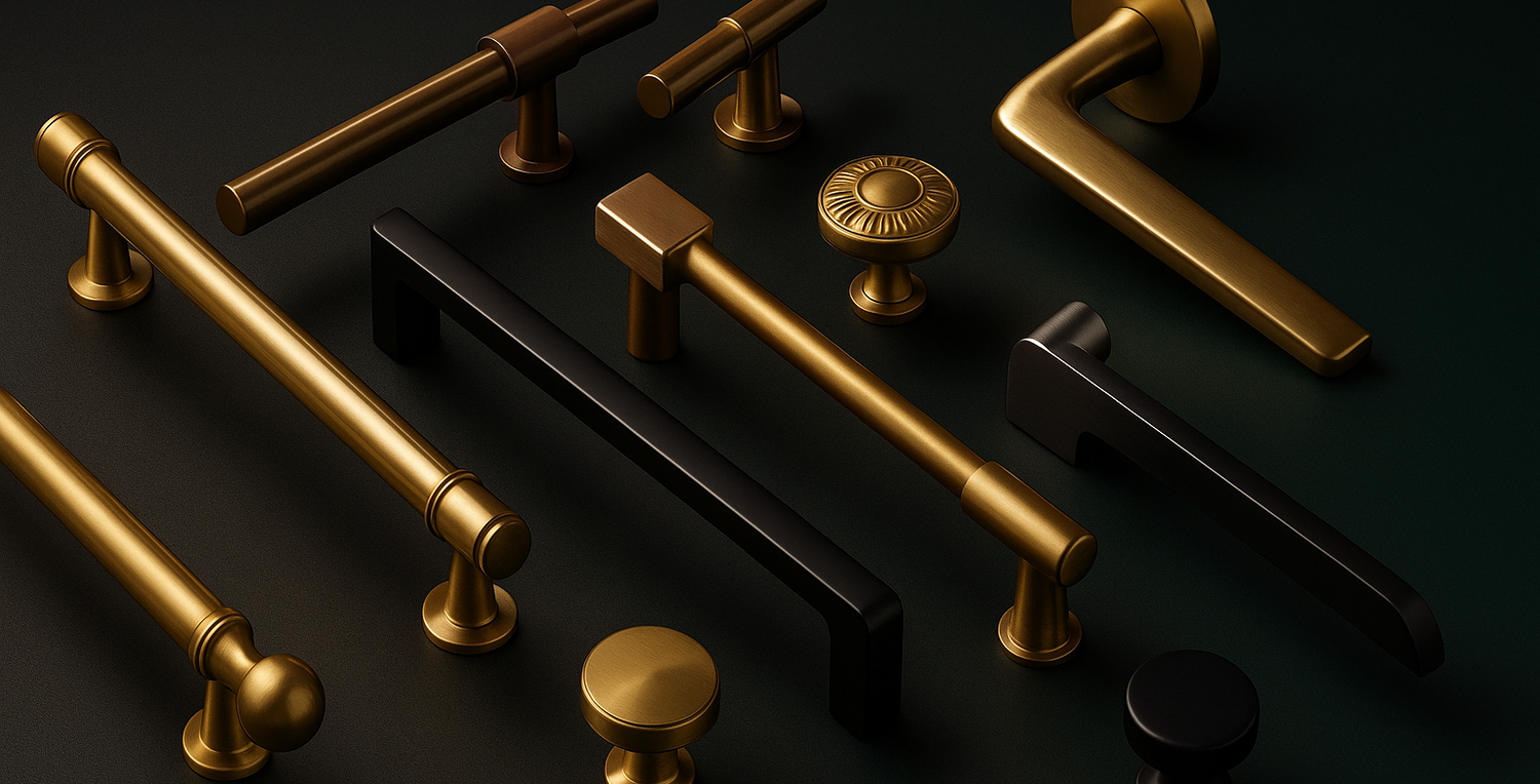 Assorted modern brass and black door handles and knobs displayed on a dark surface.