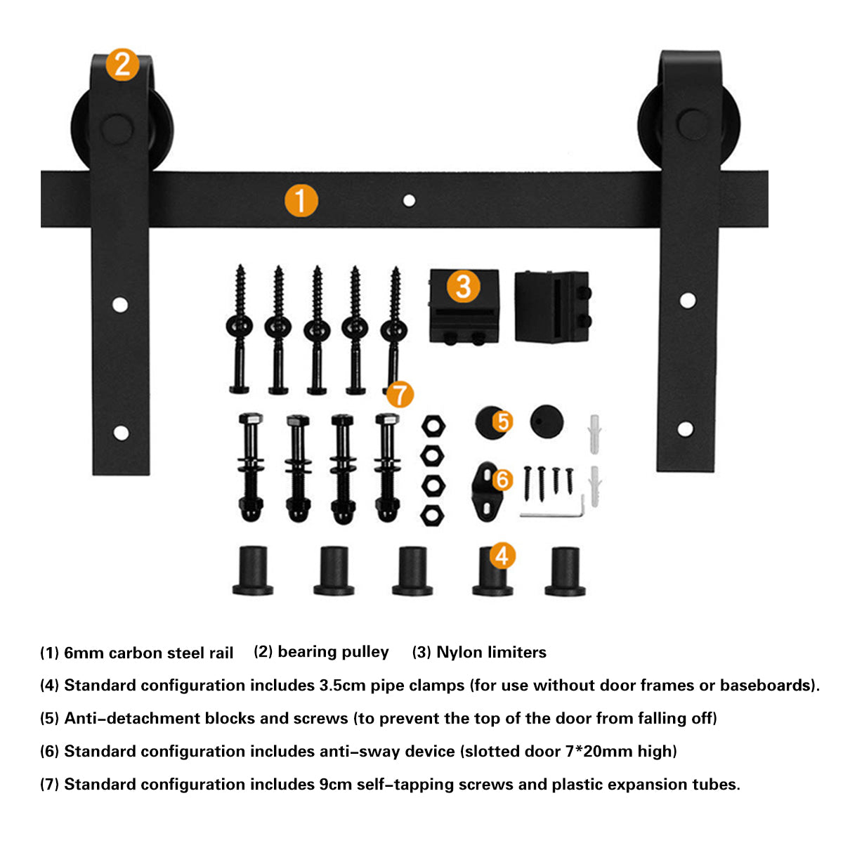 Black Matte Carbon Steel J-Type Barn Door Sliding Rail Hardware Kit