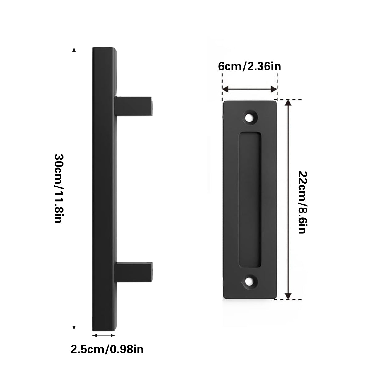 Matte Black Carbon Steel Barn Door Pull Set 300mm & 220mm