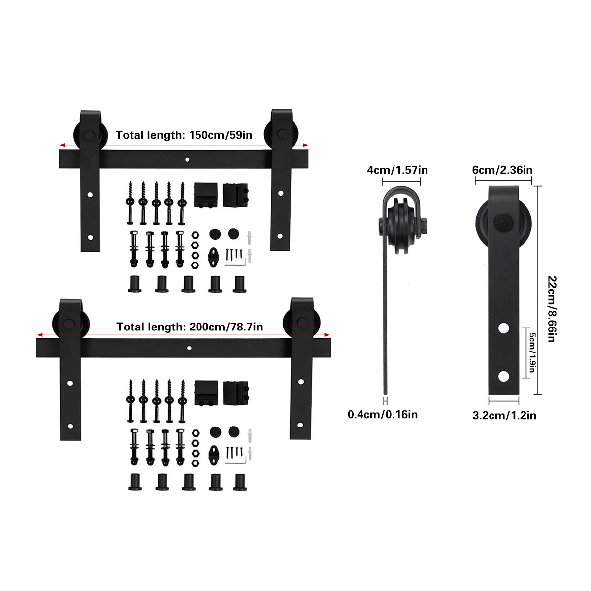 Black Matte Carbon Steel J-Type Barn Door Sliding Rail Hardware Kit