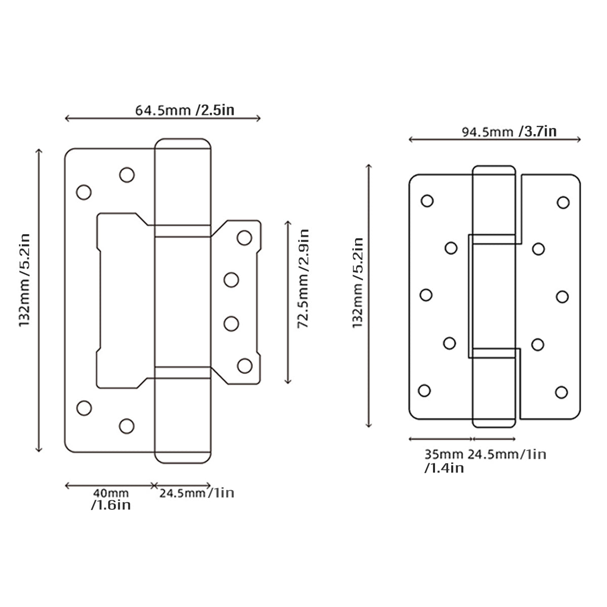 Silver Aluminum Hirline/Flush Door Hinges Auto Close 132x94.5mm