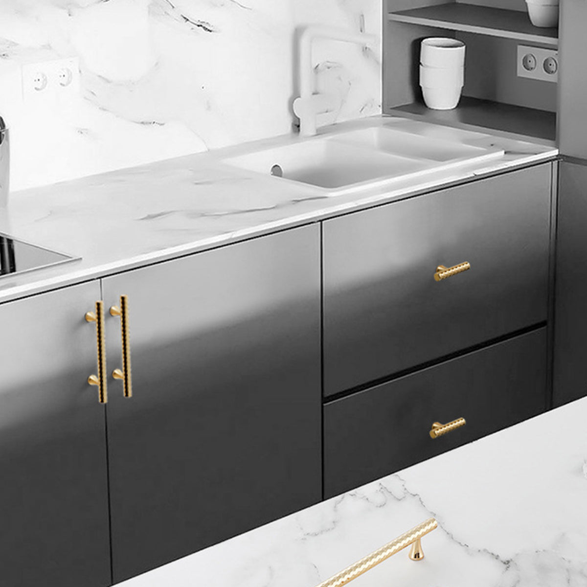 Knurled Metal Cabinet Handle in Black or Gold