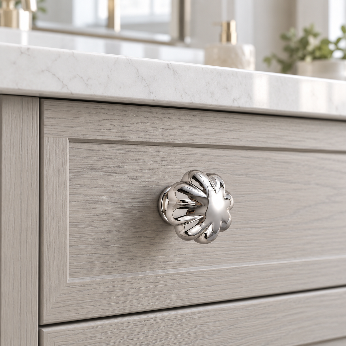Bright Chrome Pumpkin Cabinet Knob - Installed on Grey Oak Vanity