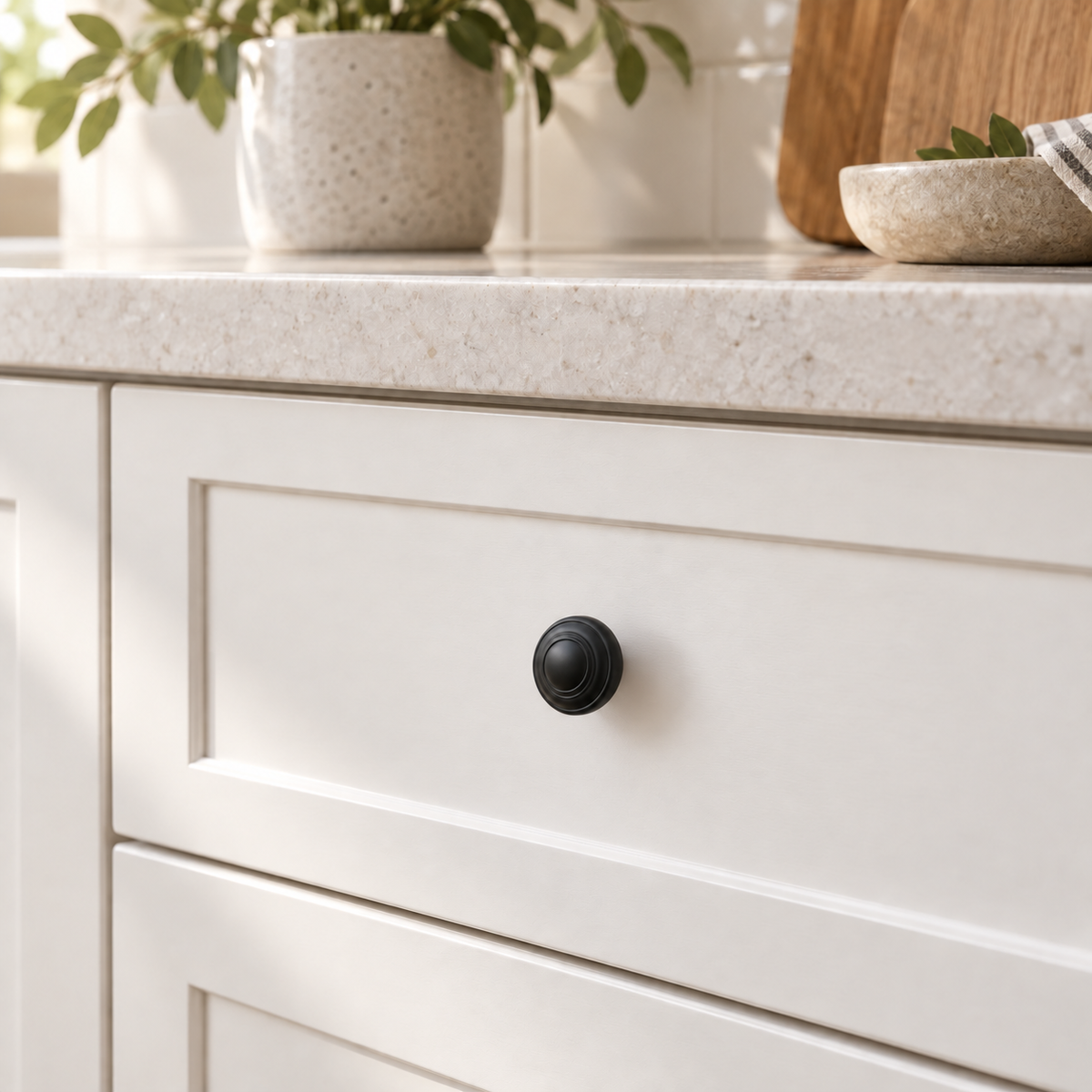 Black Round Stepped Cabinet Knob Installed on White Drawer