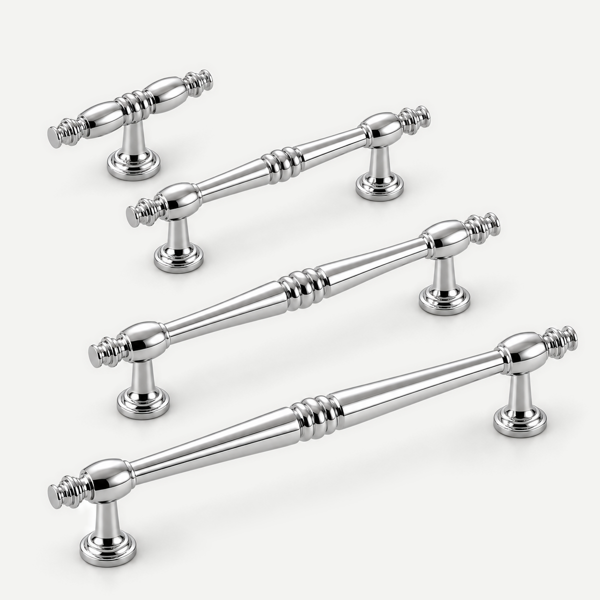 Bright chrome cabinet pulls - single-hole T pull and all three two-hole sizes