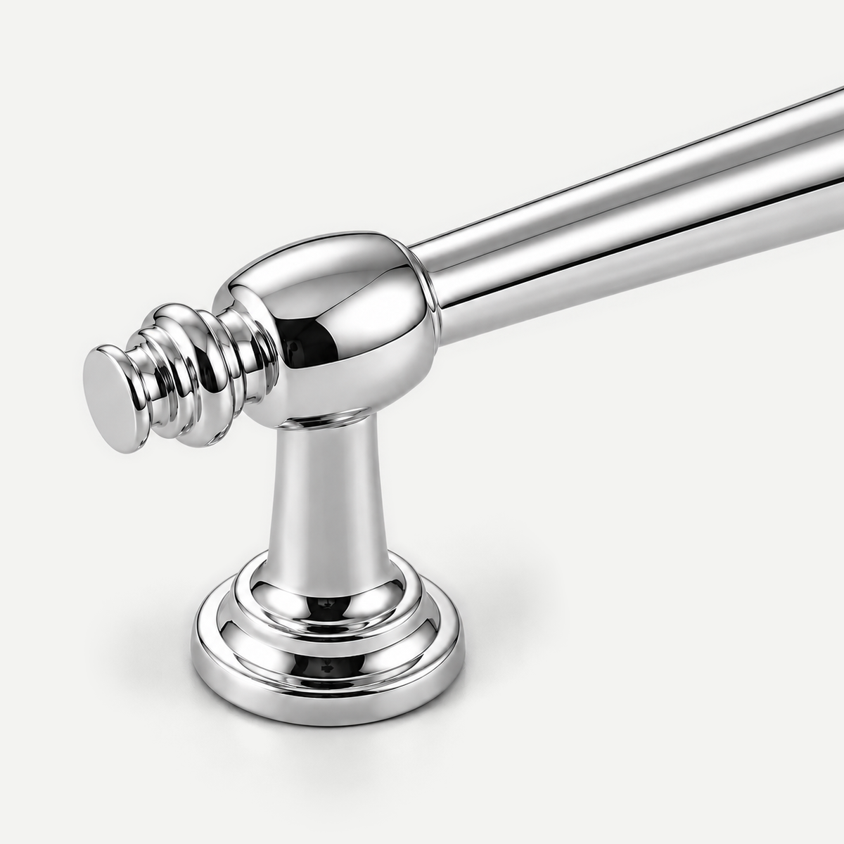 Bright chrome pull - barrel terminal, ringed finial and stepped foot detail