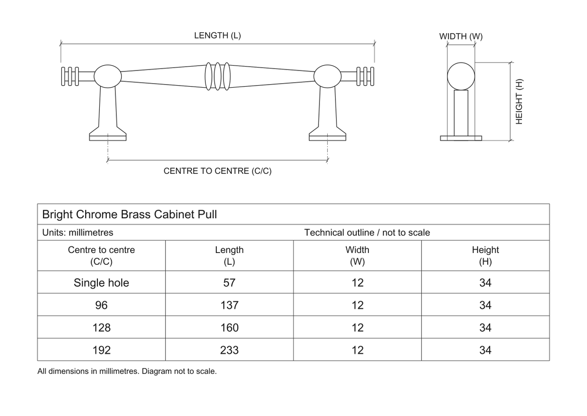 Technical dimensions in millimetres - Bright Chrome Brass Cupboard Cabinet Door Pull Handle