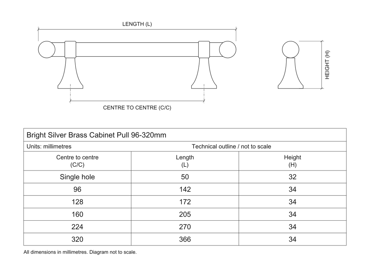 Technical dimensions in millimetres - Bright Silver Brass Cupboard Cabinet Door Pull Handle 96-320mm