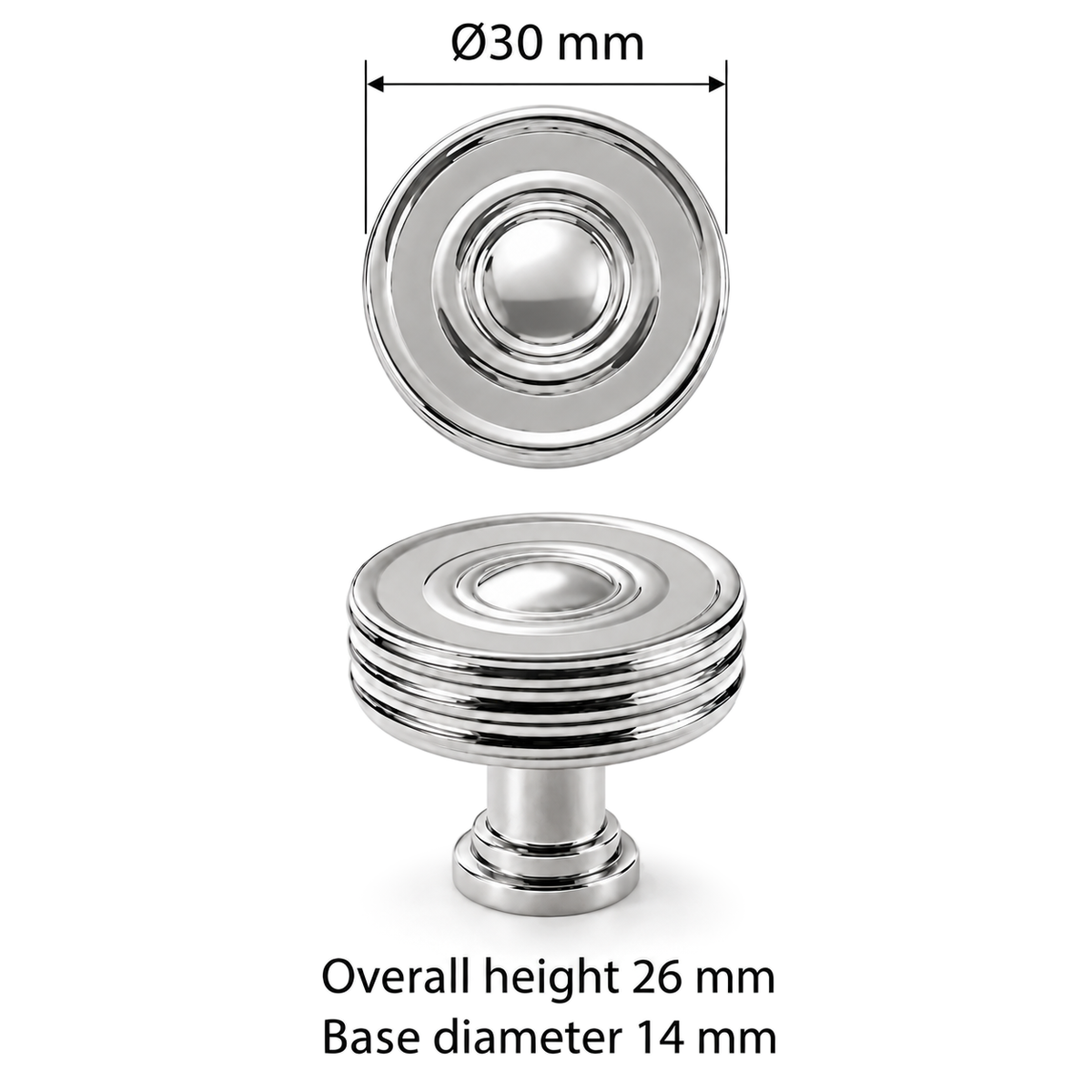 Round chrome cabinet knob actual top and side views - head diameter30mm overallheight26mm base diameter14mm