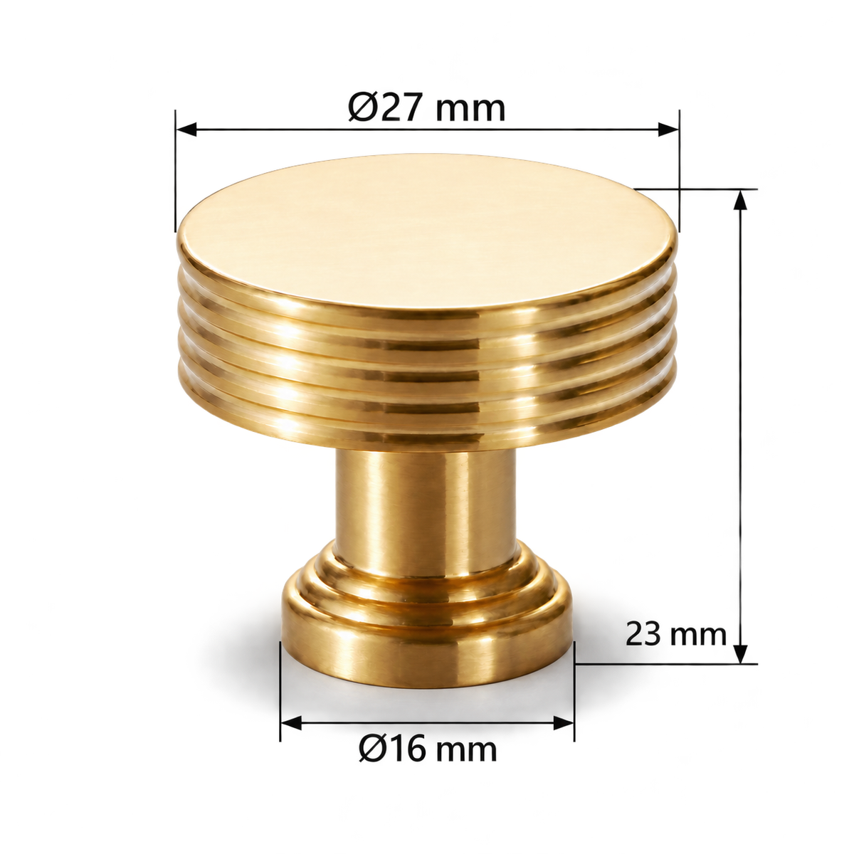 Alder gold knob dimensions on white - head diameter27mm height23mm base diameter16mm