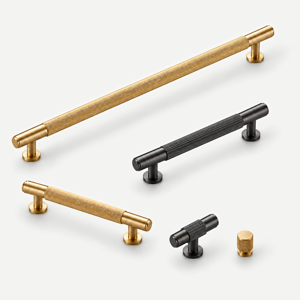 Copper and Grey striped cabinet handles and knob - colour and size overview
