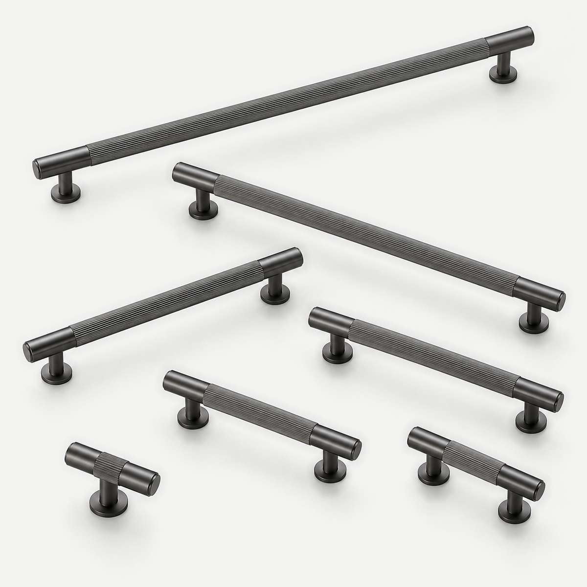 Haven fluted brass handles and knob — Grey full seven-piece range, no round knob
