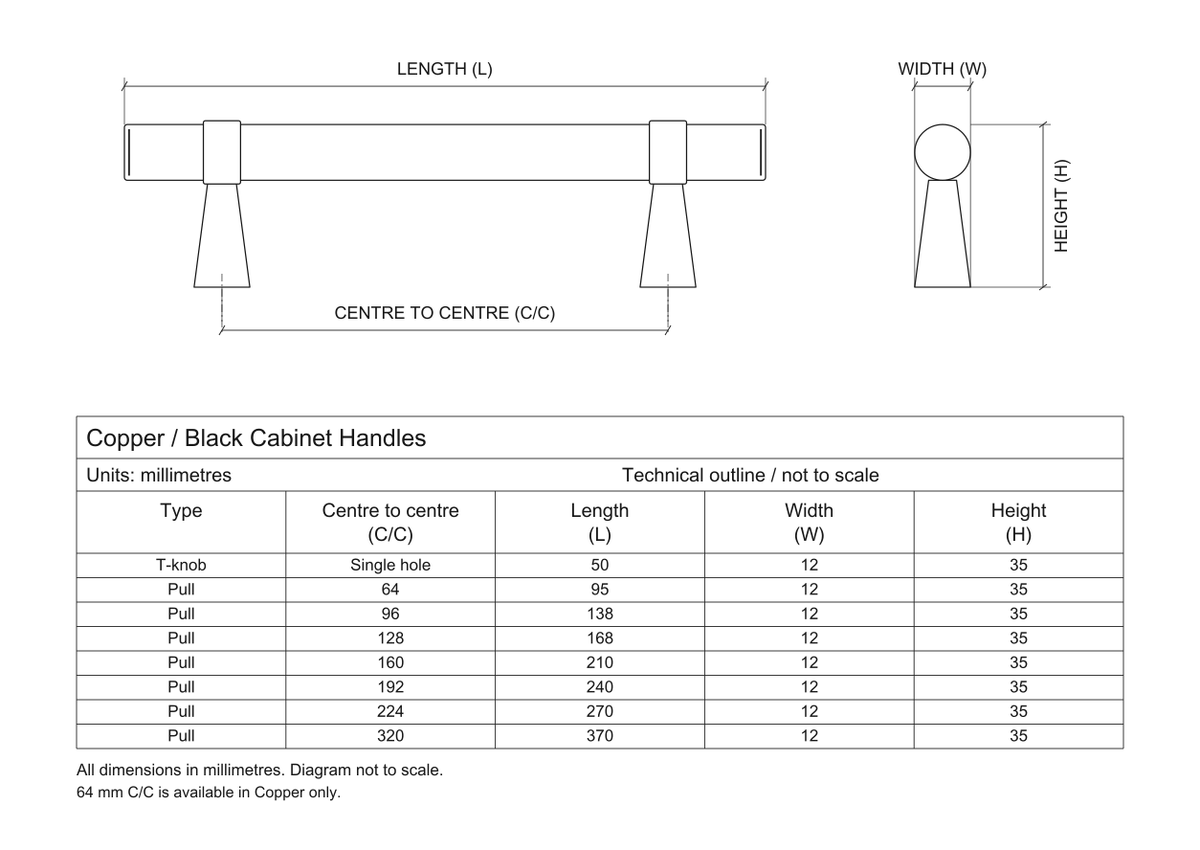 Technical dimensions in millimetres - Copper / Black Cabinet Handles