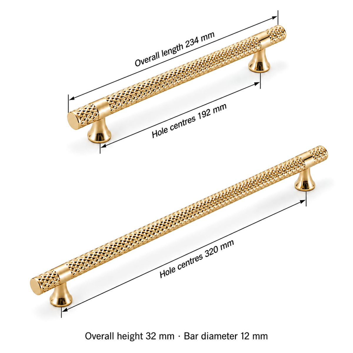 Contour actual gold pull dimensions — hole centres192/320mm, verified192 overall234mm; unresolved320 overall omitted