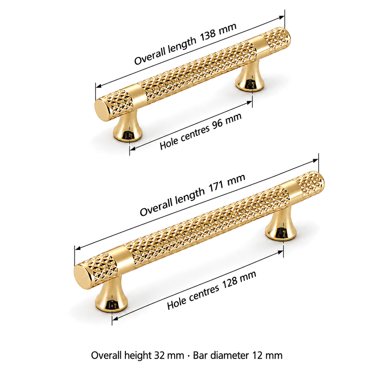 Contour actual gold pull dimensions — hole centres 96/128mm, lengths 138/171mm, height32mm, bar12mm