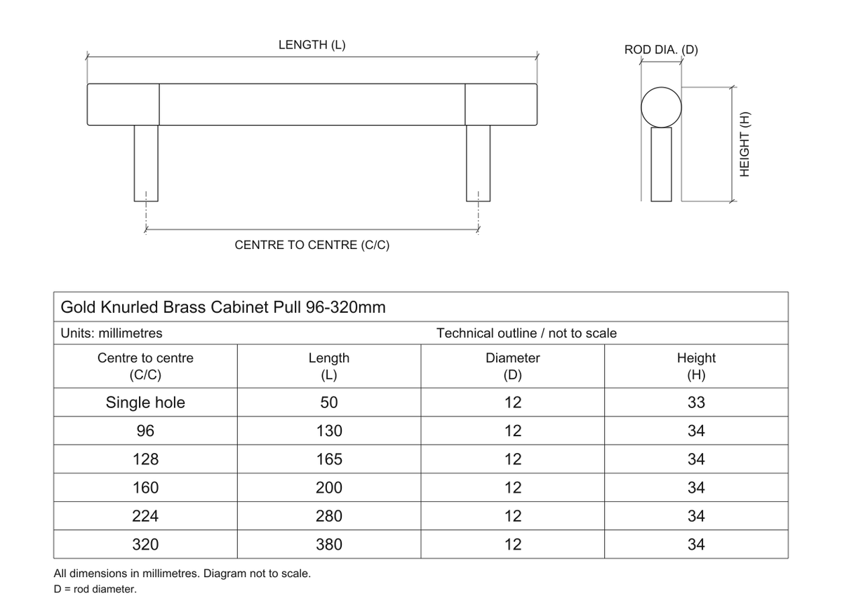 Technical dimensions in millimetres - Gold Knurled Brass Cabinet Handle 96-320mm
