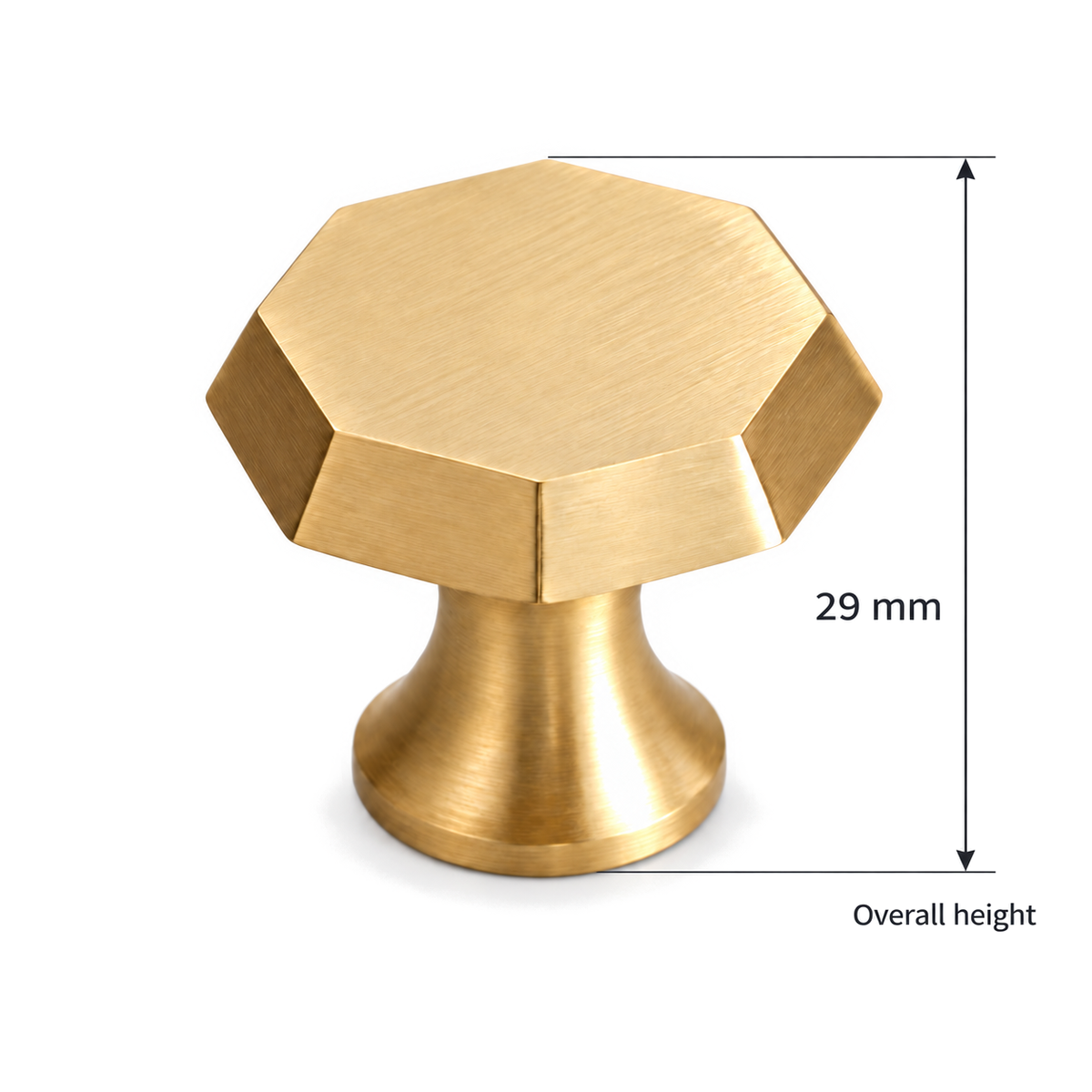 Octagonal brushed brass cabinet knob - overall height29mm product-view dimension diagram on white