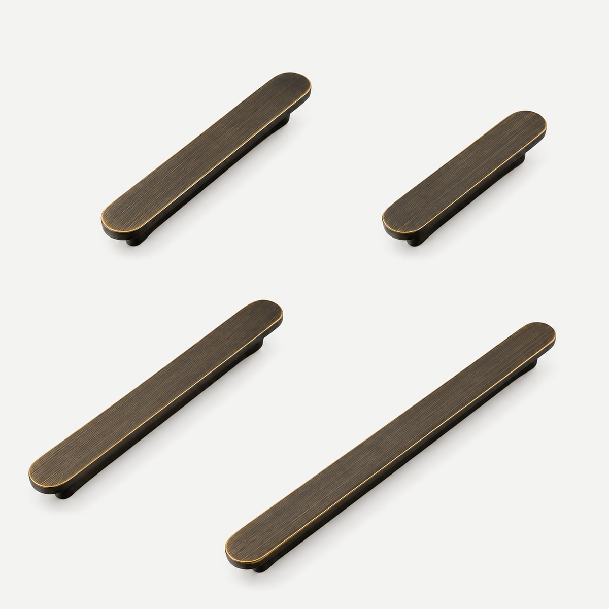Antique brass cabinet lip pulls - four actual sizes with brushed finish detail