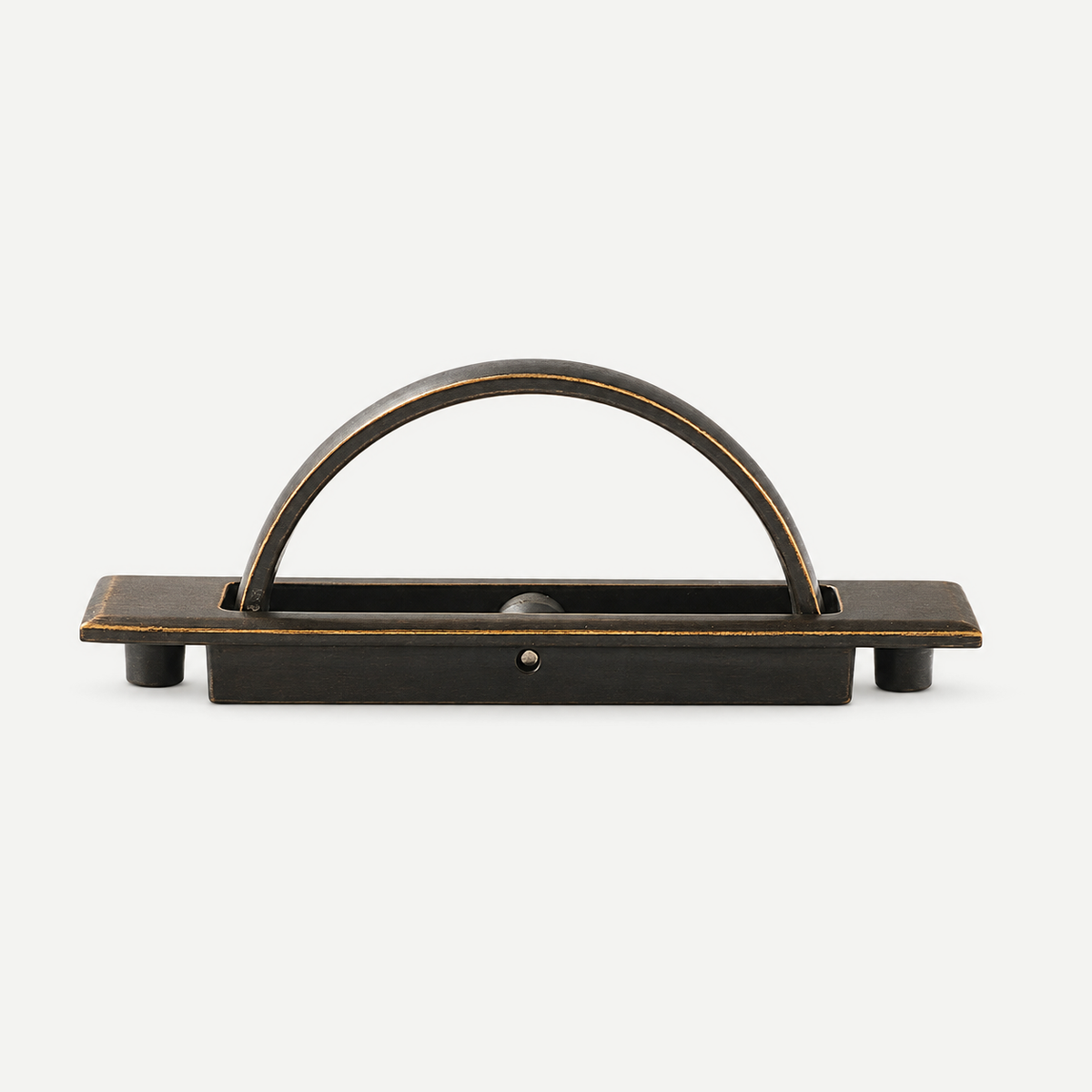 Antique bronze recessed pull - original front view, trough and two mounting stems