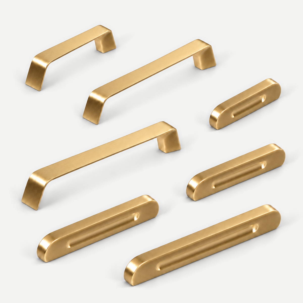 Plane brass cabinet handles and flush pulls — both styles and all seven available sizes