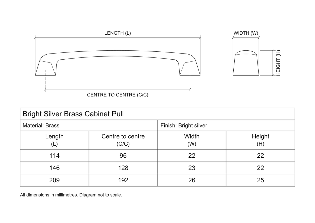 Technical dimensions in millimetres - Bright Silver Brass Cupboard Cabinet Door Pull Handle 2 Hole Distance 96-192mm