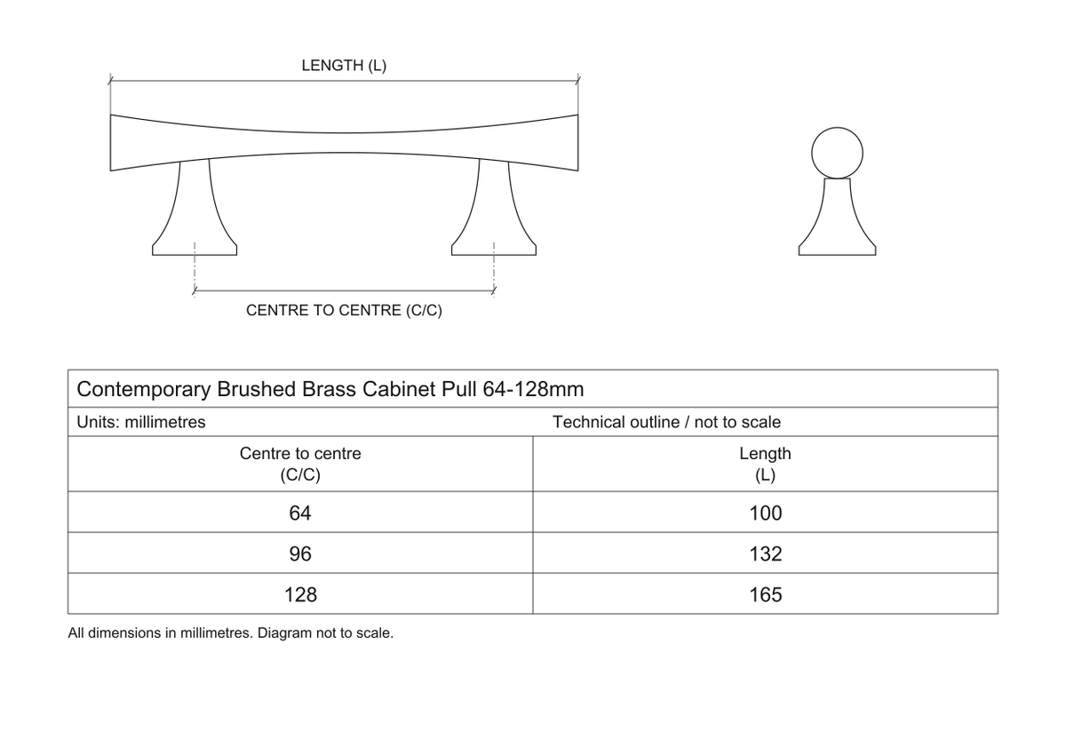 Technical dimensions in millimetres - Contemporary Brushed Brass Cupboard Cabinet Door Pull Handle 64-128mm