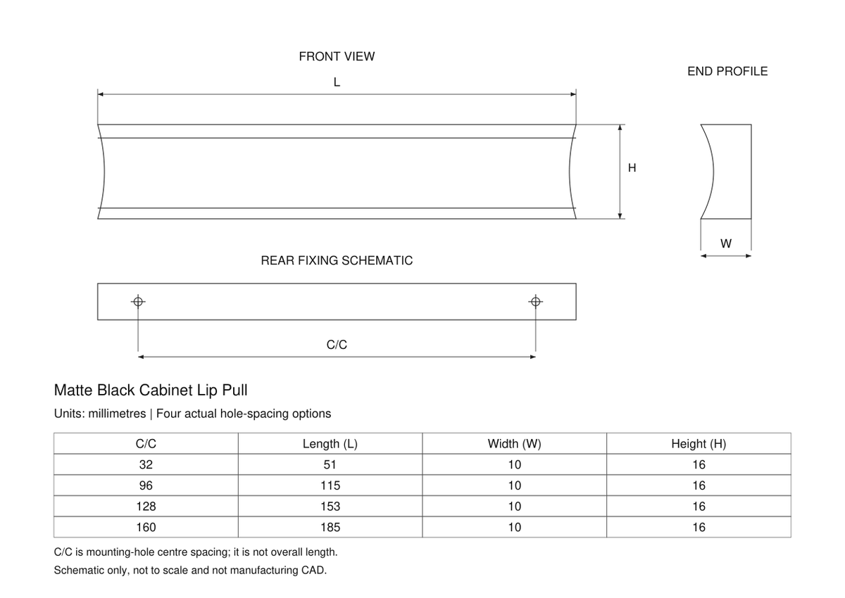 Matte Black Brass Cabinet Lip Pull - verified C/C32/96/128/160mm engineering diagram