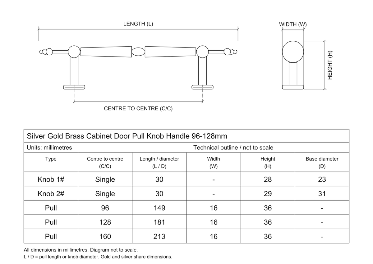 Technical dimensions in millimetres - Elgin brass handles and two round knobs, gold and silver