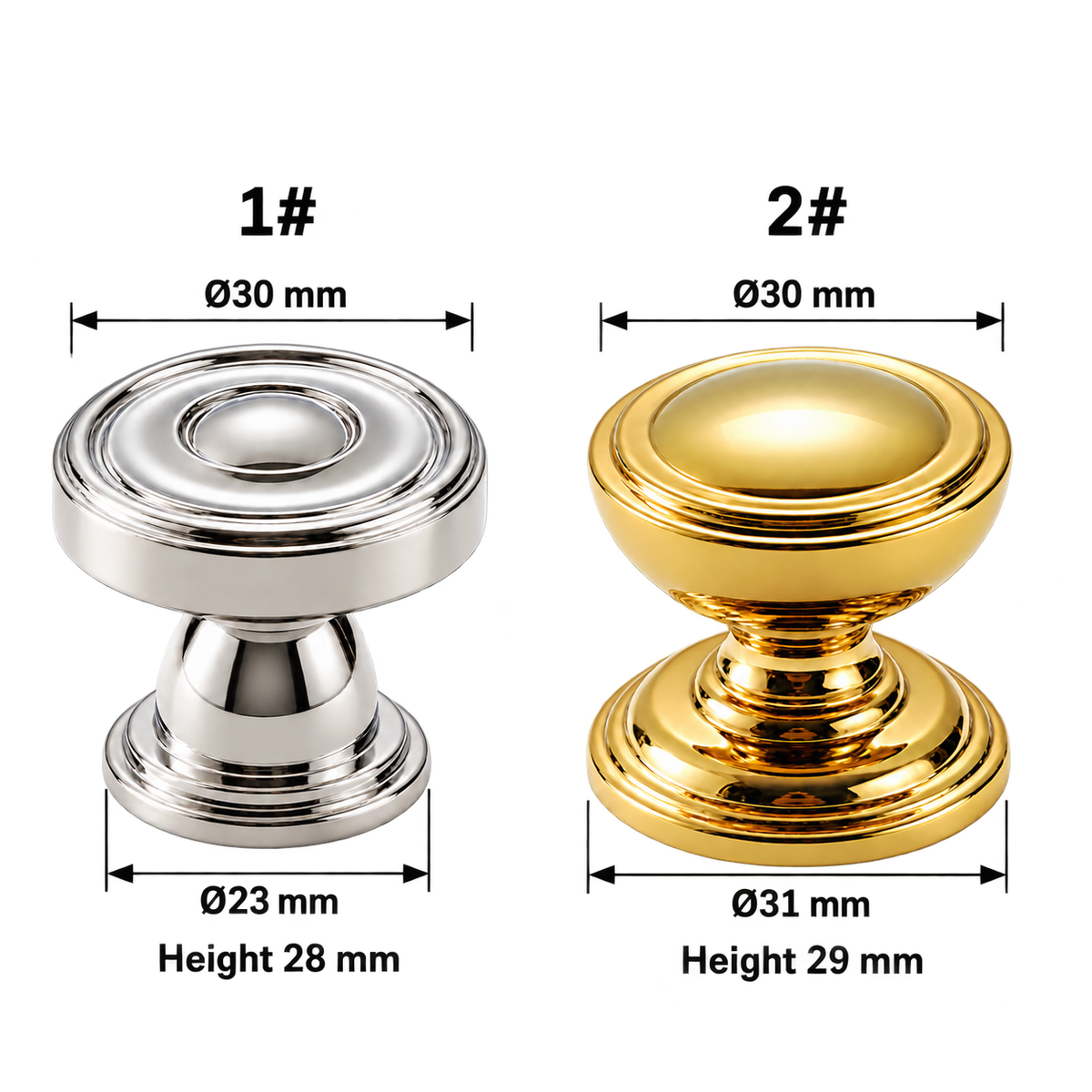 Elgin knob1 and knob2 dimensions on white - head30mm height28-29mm base23-31mm