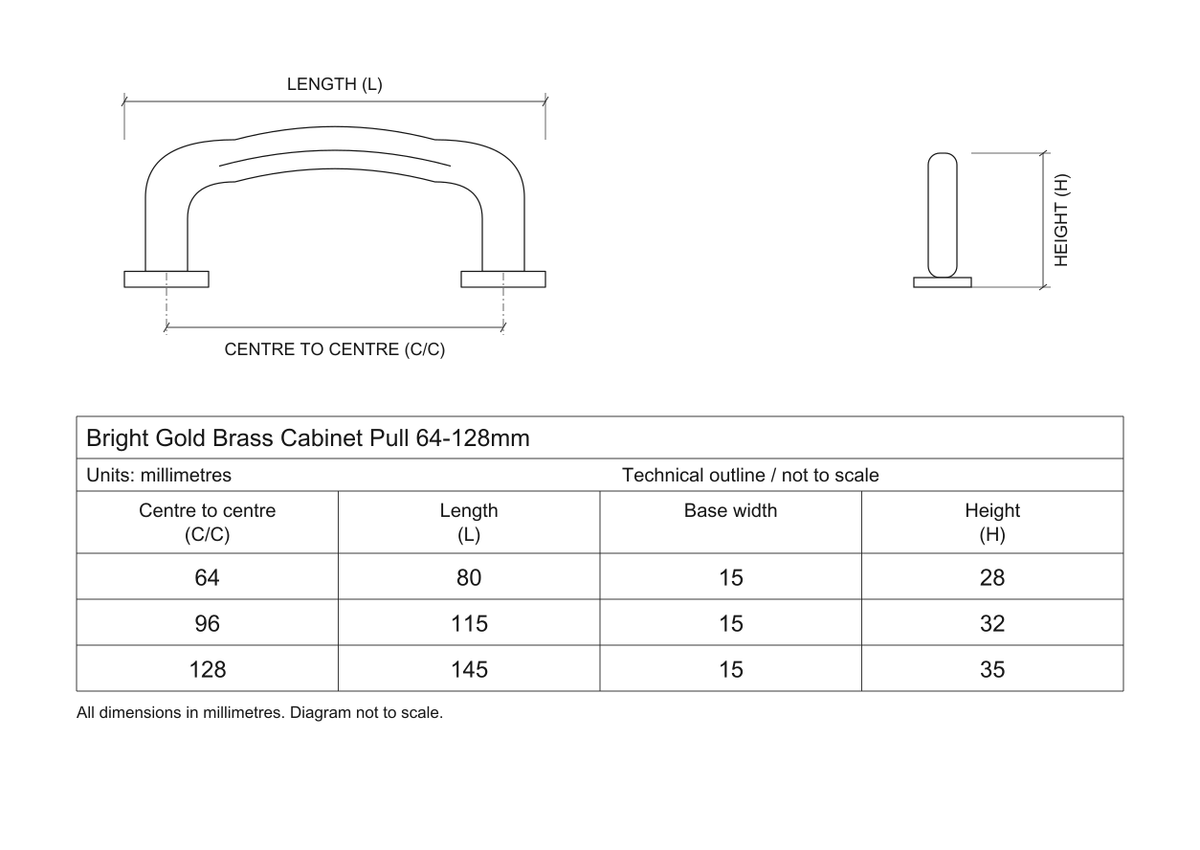 Technical dimensions in millimetres - Bright Gold Brass Cupboard Cabinet Door Pull Handle 64-128mm