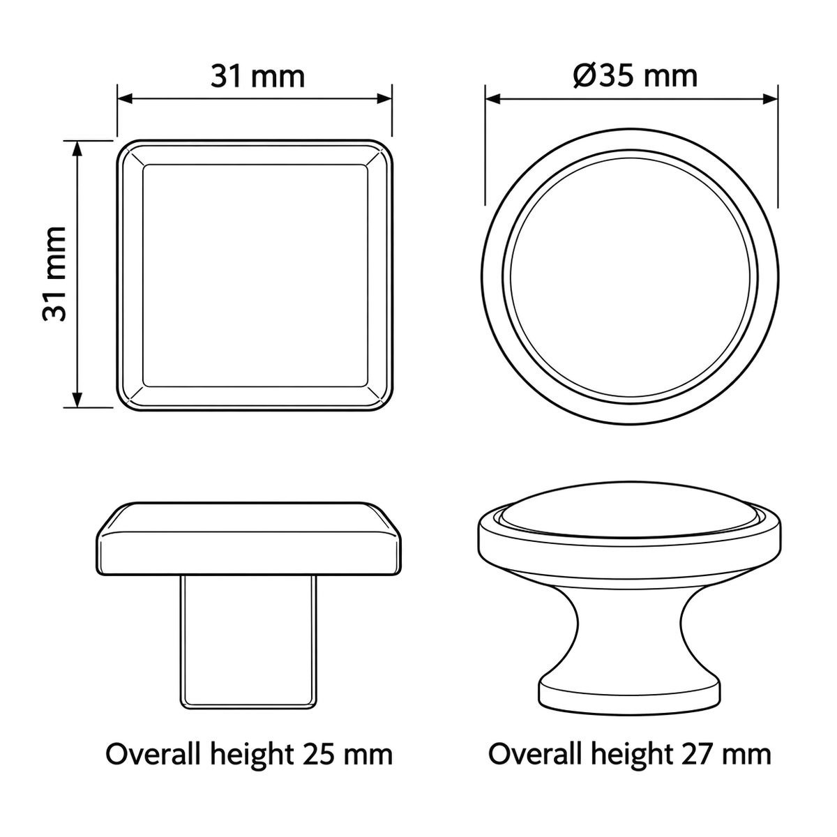 Square31x31mm and round35mm knob product plan views with dimensions - overallheights25mm27mm