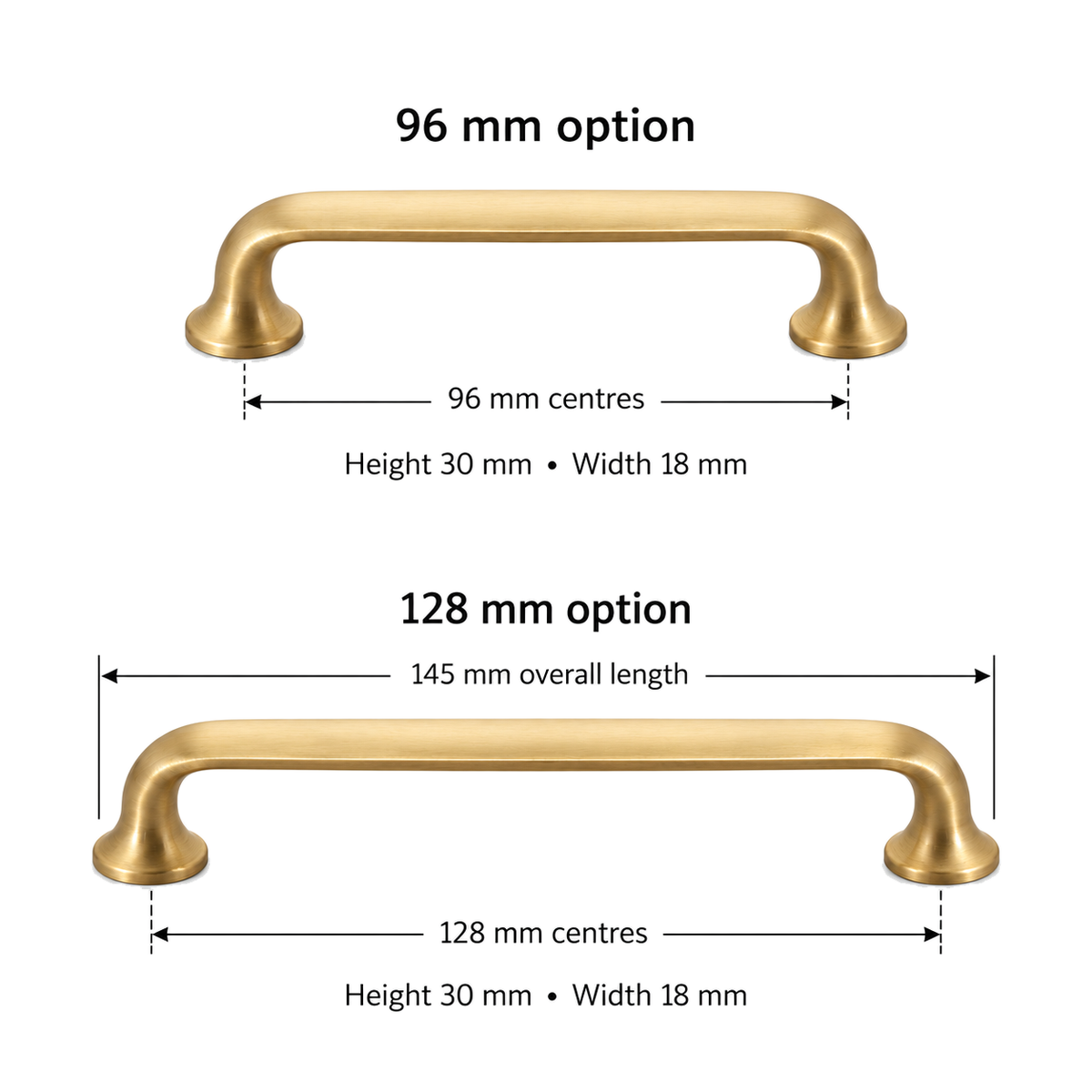 Cabinet pull product views and centre measurements96mm128mm -128mm option145mm overall -height30mmwidth18mm