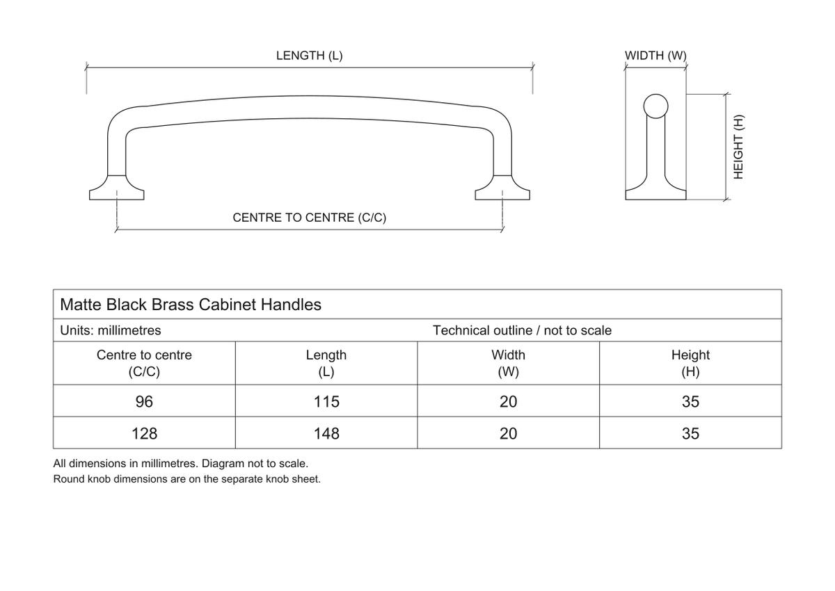 Technical dimensions in millimetres - Matte Black Brass Cabinet Handles