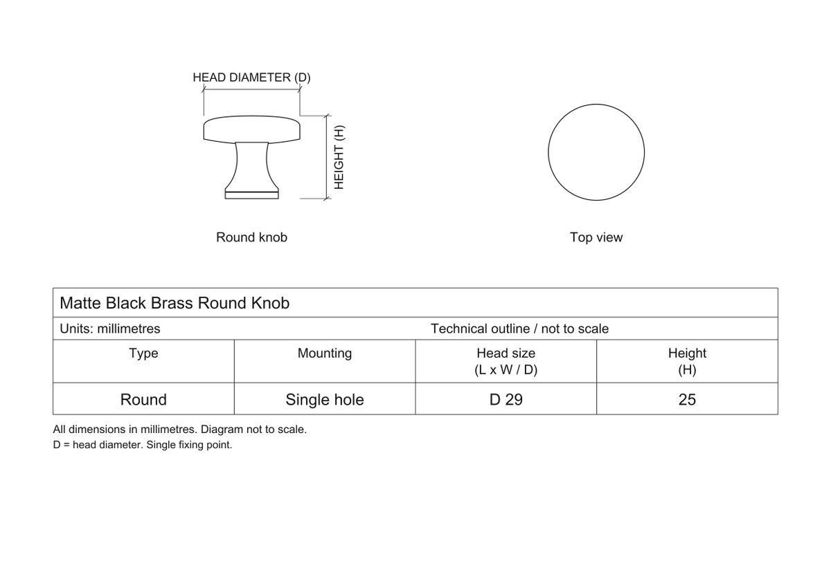 Technical dimensions in millimetres - Matte Black Brass Round Knob