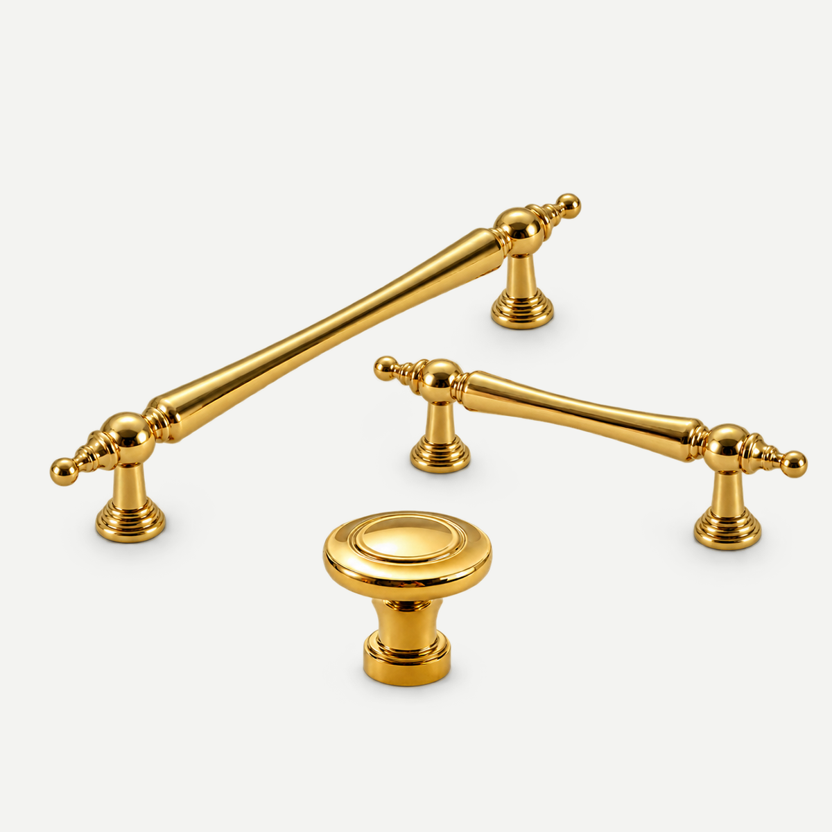Gold brass knob32mm and ornate pulls96_128mm - complete size group