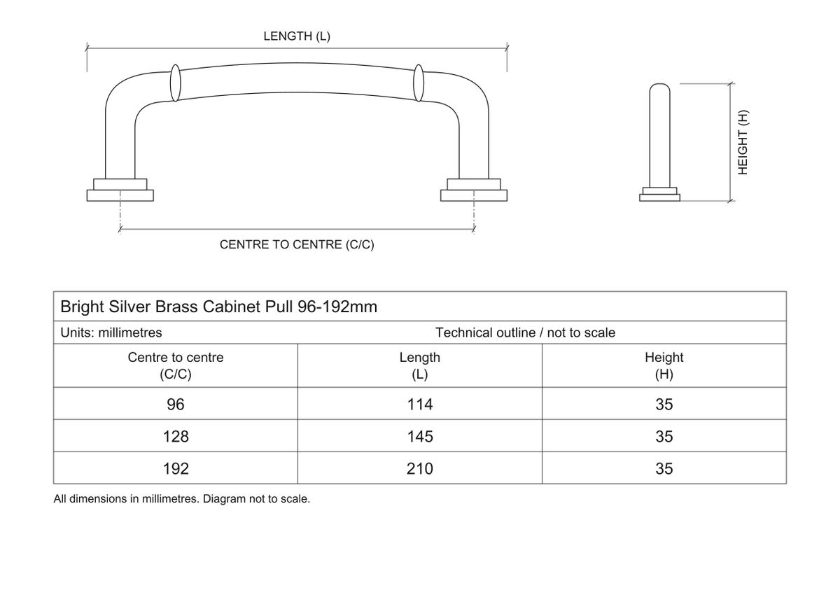 Technical dimensions in millimetres - Bright Silver Brass Cupboard Cabinet Door Pull Handle 96-192mm