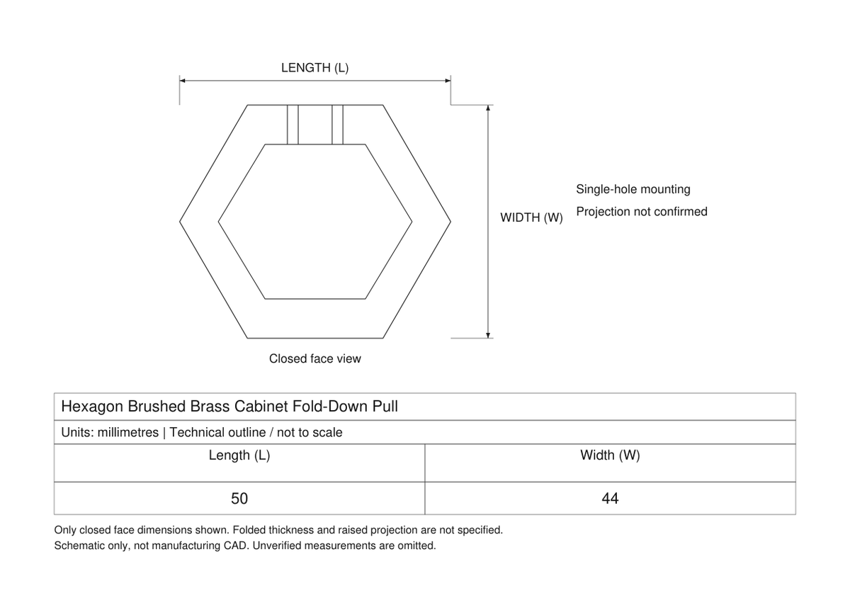 Technical dimensions in millimetres - Hexagon Brushed Brass Cabinet Fold-Down Pull 50x44x32mm