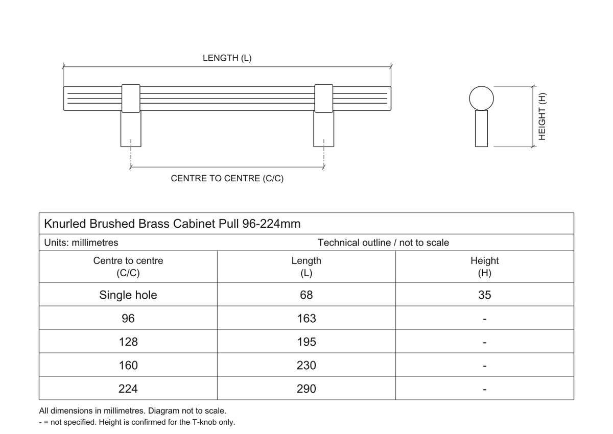 Technical dimensions in millimetres - Knurled Brushed Brass Cupboard Cabinet Door Pull Handle 96-224mm