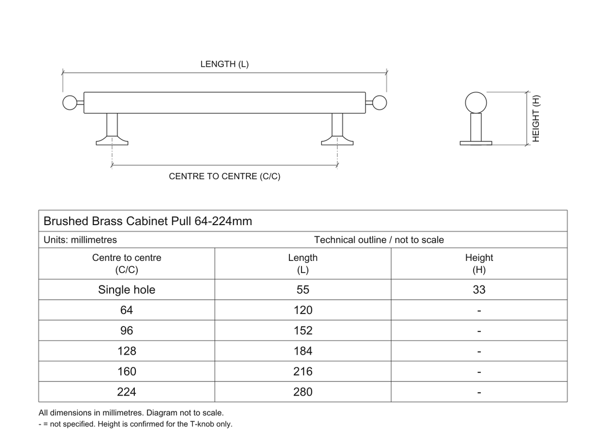 Technical dimensions in millimetres - Brushed Brass Cupboard Cabinet Door Pull Handle 64-224mm