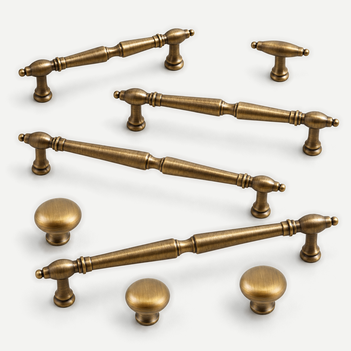 Ashby antique brass handles and knobs — all eight sizes, customer-selected arrangement