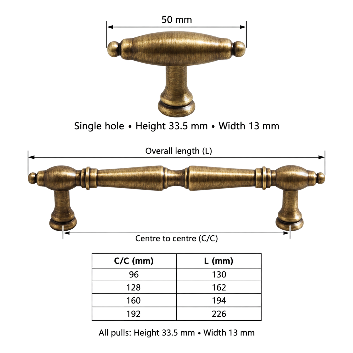 Antique brass T knob 50mm and cabinet pull product views with dimension lines - CC96 128 160 192mm and overall130 162 194 226mm