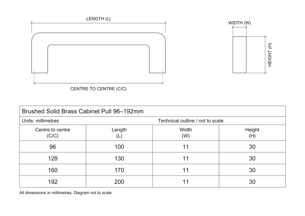 Technical dimensions in millimetres - Brushed Brass Cupboard Cabinet Door Pull Handle 96–192mm