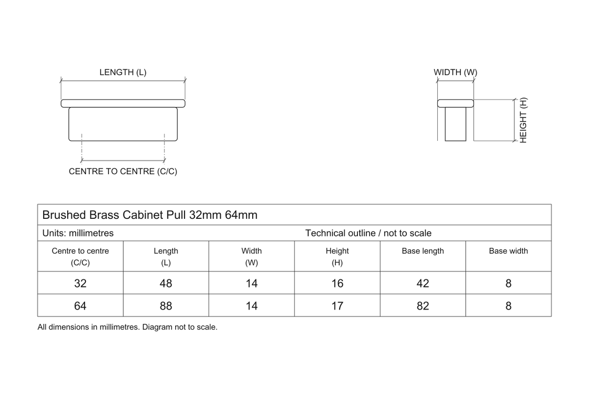 Technical dimensions in millimetres - Brushed Brass Cupboard Cabinet Door Pull Handle 32mm 64mm