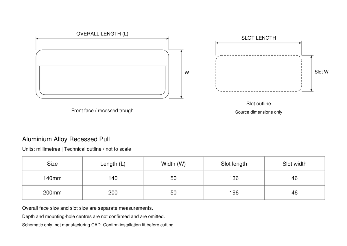 Technical dimensions in millimetres - Aluminium Alloy Recessed Pull