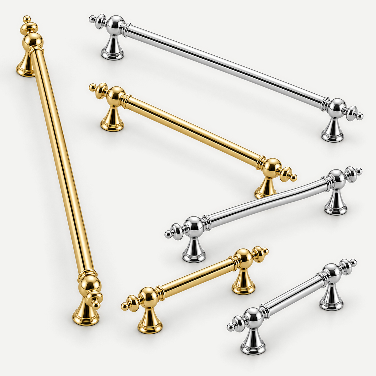Gold and silver cabinet handles in multiple sizes